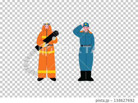 Illustration of male and female firefighters Illustration of male and female firefighters 138627692