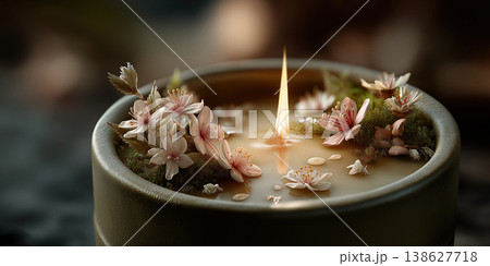Relaxing meditation setting with blossomadorned candle and shimmering reflective pool 138627718