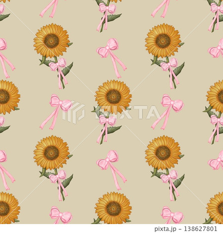 Seamless pattern Sunflower and leaves Hand drawn watercolor illustration. For menus, labels, paper, textiles and seasonal fabric light brown background. Seamless pattern Sunflower and leaves Hand drawn watercolor illustration. For menus, labels, paper, textiles and seasonal fabric light brown background. 138627801