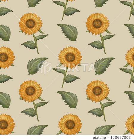 Seamless pattern Sunflower and leaves Hand drawn watercolor illustration. For menus, labels, paper, textiles and seasonal fabric light brown background. Seamless pattern Sunflower and leaves Hand drawn watercolor illustration. For menus, labels, paper, textiles and seasonal fabric light brown background. 138627802