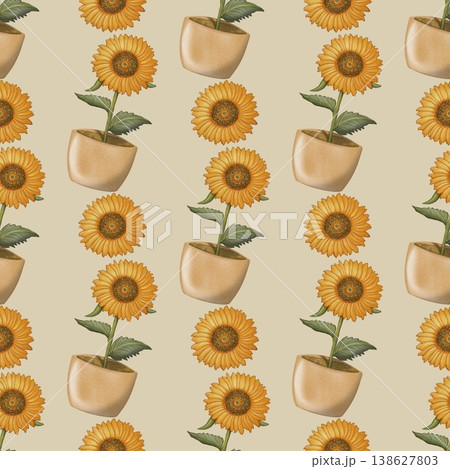 Seamless pattern Sunflower and leaves Hand drawn watercolor illustration. For menus, labels, paper, textiles and seasonal fabric light brown background. 138627803