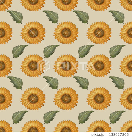 Seamless pattern Sunflower and leaves Hand drawn watercolor illustration. For menus, labels, paper, textiles and seasonal fabric light brown background. 138627806