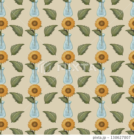 Seamless pattern Sunflower and leaves Hand drawn watercolor illustration. For menus, labels, paper, textiles and seasonal fabric light brown background. Seamless pattern Sunflower and leaves Hand drawn watercolor illustration. For menus, labels, paper, textiles and seasonal fabric light brown background. 138627807