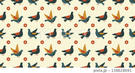 Seamless pattern with pigeons and flowers in flat vector style for textile design, wallpaper, wrapping paper, home decor and branding Seamless pattern with pigeons and flowers in flat vector style for textile design, wallpaper, wrapping paper, home decor and branding 138628091