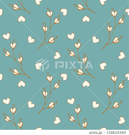 pattern with abstract golden branches and delicate heart-shaped white buds on a dusty teal background, perfect for romantic stationary, feminine branding, and elegant wedding textiles 138628369