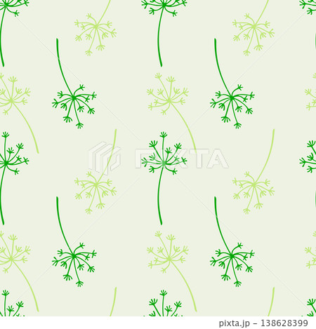 Seamless vector pattern with hand-drawn green dill and fennel umbrellas in minimalist botanical style, ideally suited for kitchen textiles, organic food packaging, and branding materials for healthy Seamless vector pattern with hand-drawn green dill and fennel umbrellas in minimalist botanical style, ideally suited for kitchen textiles, organic food packaging, and branding materials for healthy 138628399