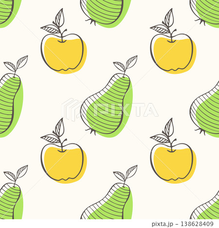Seamless minimalist apple and pear pattern with line art and offset color fills, ideal for kitchen textiles, eco-friendly packaging, and modern nursery decor. 138628409
