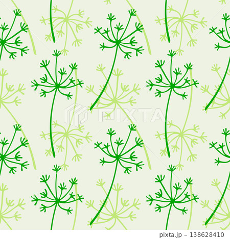 pattern featuring hand-drawn stylized dill and fennel umbrellas in minimalist eco style, perfect for kitchen textiles, eco-friendly food packaging, and visual branding for gardening or healthy 138628410