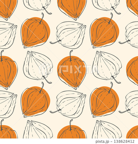 pattern with hand-drawn minimalist physalis husks and orange dots on a cream background. Artistic botanical texture with cape gooseberry for organic food packaging, textile design, and kitchen 138628412