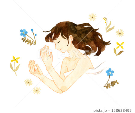 幸せそうに眠る若い女性+花・植物　手描き水彩イラスト素材 138628493