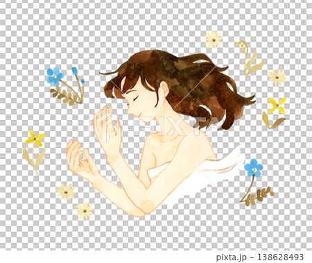 幸せそうに眠る若い女性+花・植物　手描き水彩イラスト素材 138628493