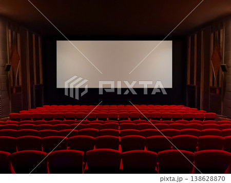 A classic movie theater with red velvet seats and a screen creates a truly immersive film-watching experience. A classic movie theater with red velvet seats and a screen creates a truly immersive film-watching experience. 138628870
