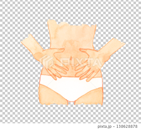 A woman in underwear with both hands on her stomach (faceless) - Hand-drawn watercolor illustration of the human body/body parts. 138628878