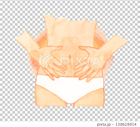 A woman in underwear with both hands on her stomach (faceless) - Hand-drawn watercolor illustration of the human body/body parts. A woman in underwear with both hands on her stomach (faceless) - Hand-drawn watercolor illustration of the human body/body parts. 138628914