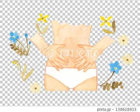 A woman in underwear with both hands on her stomach (faceless) - Hand-drawn watercolor illustration of the human body/body parts. A woman in underwear with both hands on her stomach (faceless) - Hand-drawn watercolor illustration of the human body/body parts. 138628915