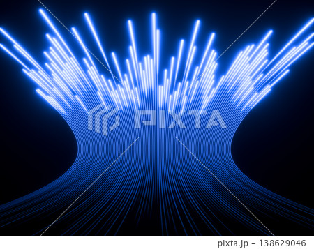 Blue neon light speed effect. 3D high speed vertical lines moving upward, bright curve energy flow on dark black background. Futuristic technology, data transfer, fiber optic network. 3D illustration 138629046