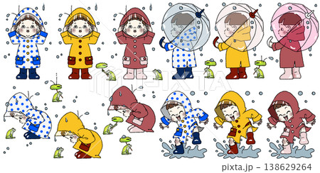 カラフルなレインコートを着て雨を楽しむ刈り上げの男の子 PNG 背景透過 138629264