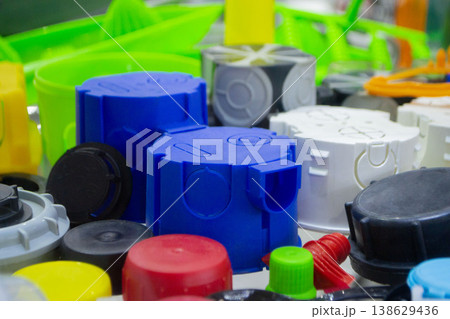 Plastic products. Products made of multi-colored plastic. Models plastic mounting boxes made of plastic. Multicolored objects Plastic products. Products made of multi-colored plastic. Models plastic mounting boxes made of plastic. Multicolored objects 138629436