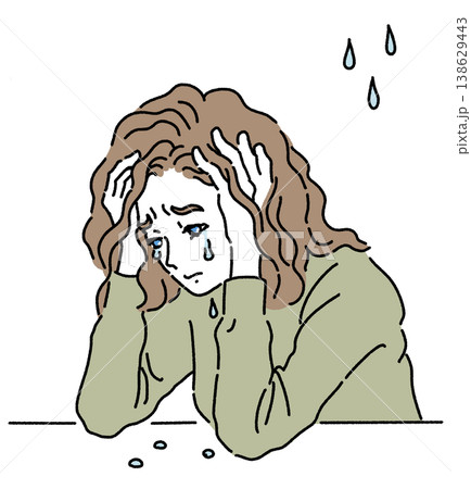 頭を抱えて涙を流している女性のカラーイラスト 138629443