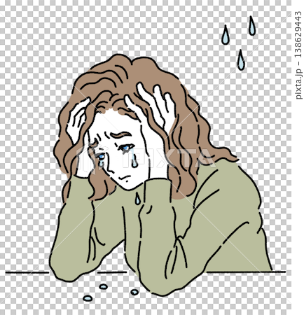 頭を抱えて涙を流している女性のカラーイラスト 138629443