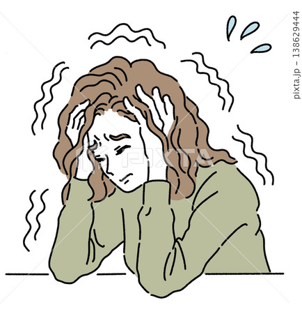 頭を抱えて震えている女性のカラーイラスト 138629444