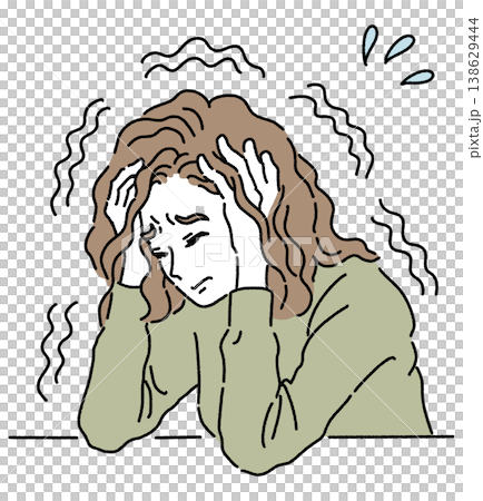 頭を抱えて震えている女性のカラーイラスト 138629444