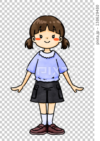 A young elementary school girl, dressed in a purple tunic, stands there looking very prim and proper. A young elementary school girl, dressed in a purple tunic, stands there looking very prim and proper. 138629480