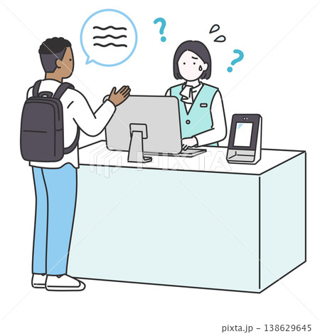 外国人男性の対応で言葉が通じず困る受付スタッフのシンプルベクターイラスト 外国人男性の対応で言葉が通じず困る受付スタッフのシンプルベクターイラスト 138629645