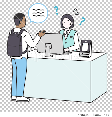 外国人男性の対応で言葉が通じず困る受付スタッフのシンプルベクターイラスト 外国人男性の対応で言葉が通じず困る受付スタッフのシンプルベクターイラスト 138629645
