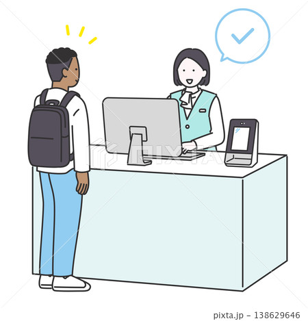 病院の受付で外国人男性の手続きを完了する女性スタッフのイラスト 138629646