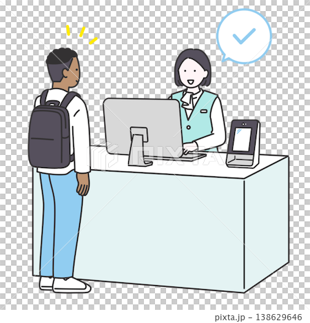 病院の受付で外国人男性の手続きを完了する女性スタッフのイラスト 138629646