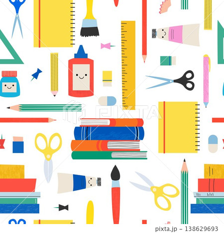 Back to School Seamless Pattern Kids School Supplies Cute Stationery Background Education Flat Design Back to School Seamless Pattern Kids School Supplies Cute Stationery Background Education Flat Design 138629693