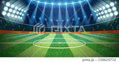 High-energy indoor football arena with bright spotlights and a lush green pitch. Perfect for sports tournament backgrounds and championship event promotions. High-energy indoor football arena with bright spotlights and a lush green pitch. Perfect for sports tournament backgrounds and championship event promotions. 138629712