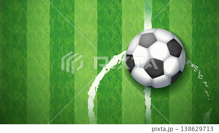 Top view of a soccer ball on a green grass football field with white markings. Minimalist and clean design suitable for sports news, match schedules, and football apps. 138629713