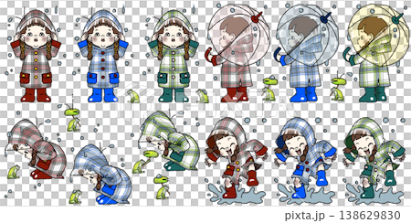 一位綁著辮子的女孩穿著格子雨衣在雨中玩耍（PNG格式，透明背景） 138629830