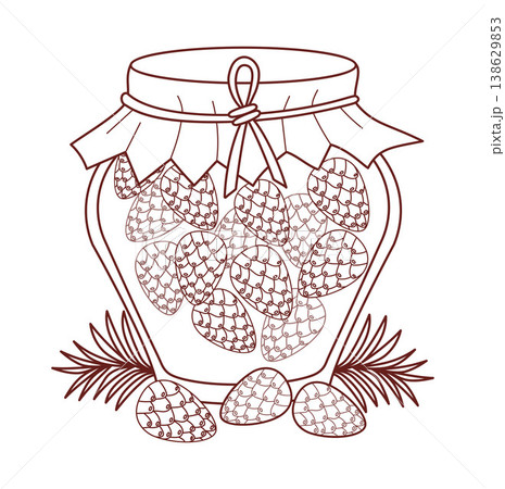 Outline Pine Cone Jam In Glass Jar. Mugolio Syrup With Caramelized Cones And Paper Cover. Homemade Traditional Forest Medicine Coniferous Dessert. Line drawing, coloring page. Vector Illustration. 138629853