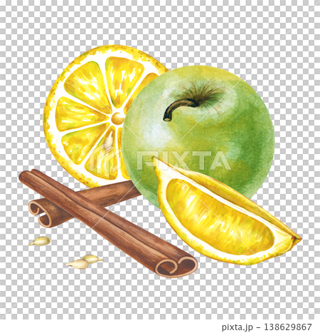 Hand-painted watercolor illustration of a fresh green apple, lemon slice, a juicy citrus wedge, and aromatic cinnamon sticks isolated on a white background. Vibrant botanical composition captures the Hand-painted watercolor illustration of a fresh green apple, lemon slice, a juicy citrus wedge, and aromatic cinnamon sticks isolated on a white background. Vibrant botanical composition captures the 138629867