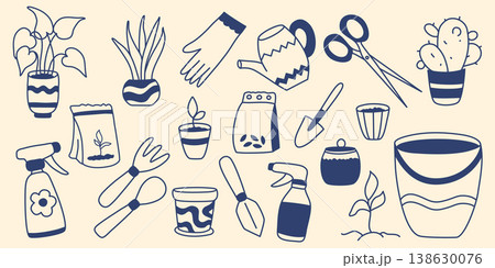 Hand-drawn set tools, gardening accessories and plants 138630076
