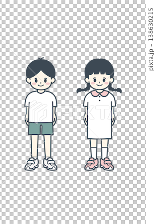 簡單的插圖,描繪了穿著休閒服裝的學齡前男孩和女孩,採用站立姿勢。 簡單的插圖,描繪了穿著休閒服裝的學齡前男孩和女孩,採用站立姿勢。 138630215