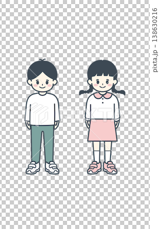 學齡前男孩女孩穿著休閒服裝,簡單的日常插圖,站立姿勢。 學齡前男孩女孩穿著休閒服裝,簡單的日常插圖,站立姿勢。 138630216