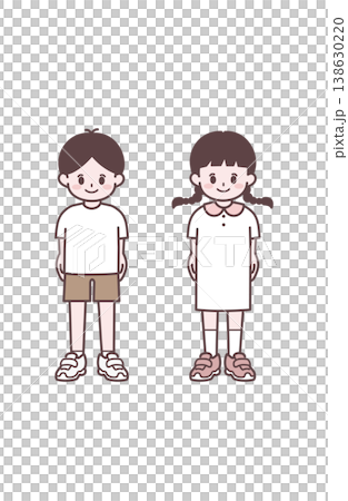 簡單的插圖，描繪了穿著休閒服裝的學齡前男孩和女孩，採用站立姿勢。 138630220