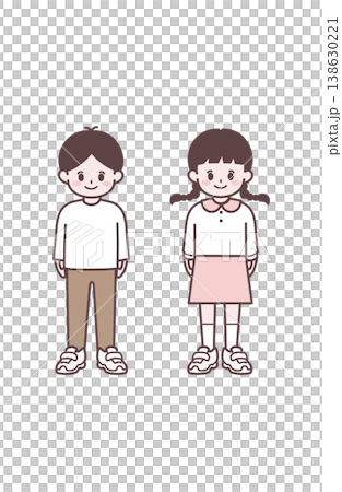 學齡前男孩女孩穿著休閒服裝,簡單的日常插圖,站立姿勢。 學齡前男孩女孩穿著休閒服裝,簡單的日常插圖,站立姿勢。 138630221