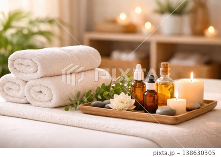 Spa wellness setup with towels candles and essential oils Spa wellness setup with towels candles and essential oils 138630305