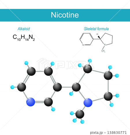Nicotine molecule. Molecular chemical structural formula and model of Alkaloid in tobacco. Nicotine molecule. Molecular chemical structural formula and model of Alkaloid in tobacco. 138630771