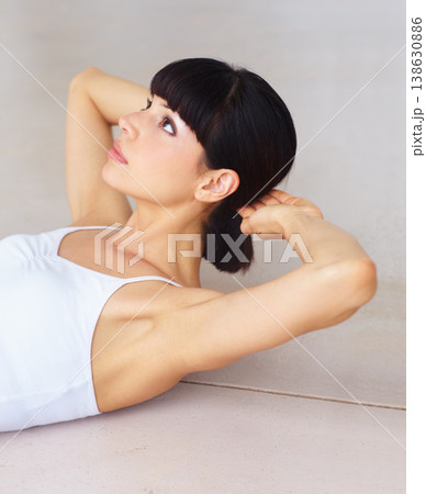 Fitness, sit up or woman training in home for abdominal exercise, activity or strong stomach muscles. Apartment, calisthenics or healthy athlete in body workout routine for abs wellness on floor 138630886