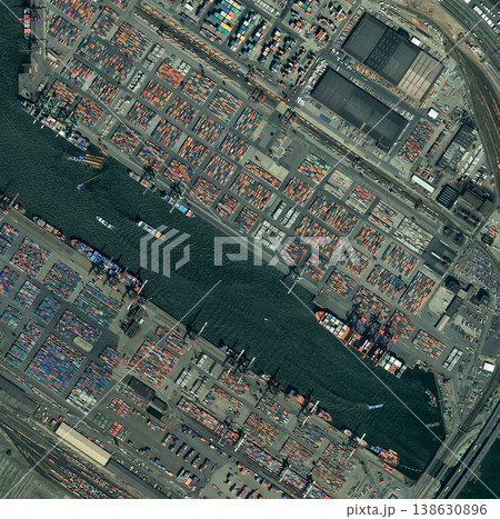 City, harbor and aerial of ship in dock for landscape, environment and boat on water. Geography, drone and satellite, top view and atmosphere of sea transport, nature and shipyard for distribution 138630896