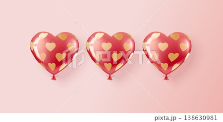 Three red and pink helium balloons in a pattern of golden hearts. Three red and pink helium balloons in a pattern of golden hearts. 138630981