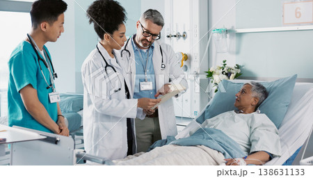 Healthcare, documents and a medical team of doctors checking on a patient in recovery or rehabilitation. Medicine, teamwork and explain with a group of health professionals in a hospital for wellness Healthcare, documents and a medical team of doctors checking on a patient in recovery or rehabilitation. Medicine, teamwork and explain with a group of health professionals in a hospital for wellness 138631133