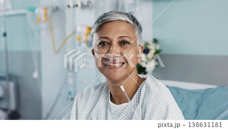 Hospital, patient and face of woman in bed with ventilation tube for oxygen, medical service and care. Healthcare, happy and portrait of mature person smile for surgery recovery, wellness and healing Hospital, patient and face of woman in bed with ventilation tube for oxygen, medical service and care. Healthcare, happy and portrait of mature person smile for surgery recovery, wellness and healing 138631181