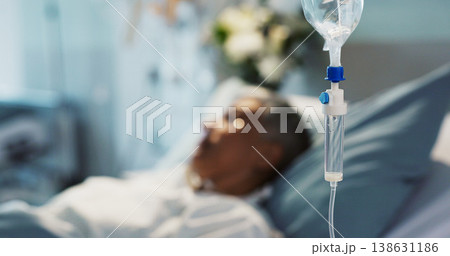 IV drip, healthcare and medicine with patient in hospital, treatment and surgery, healing or rehabilitation. Person at clinic, health with medication or liquid for infusion, service and recovery 138631186